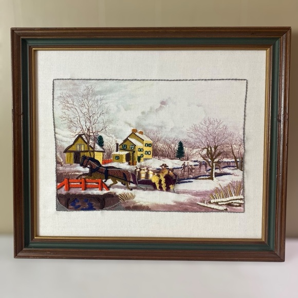 Vintage Crewel Needlepoint Folk Art Farmhouse Sleigh Ride Wall Art Picture - Picture 14 of 14